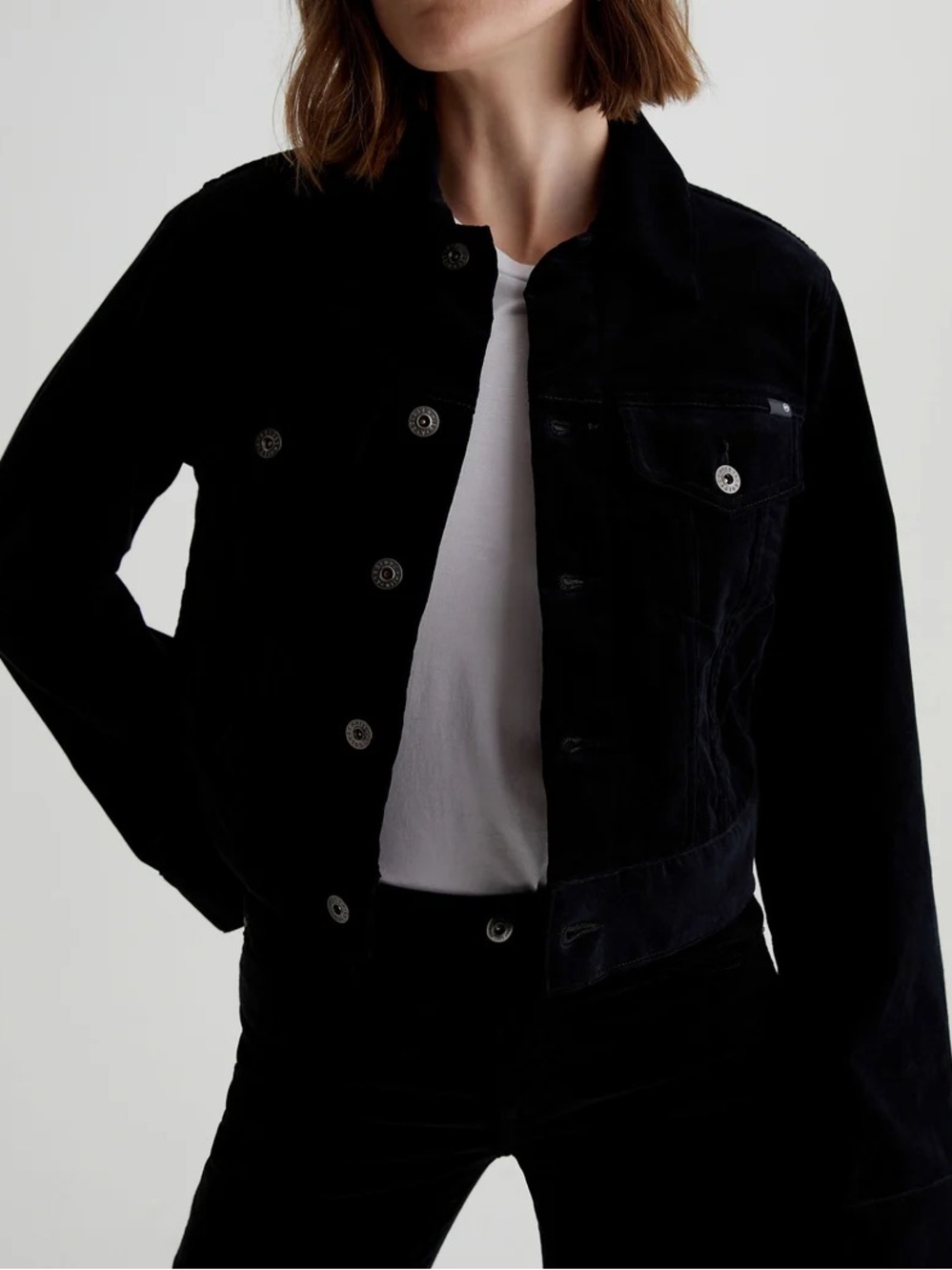 NWT Ag Adriano Goldschmied Isa Cropped Corduroy Tucker Jacket Black Size XS